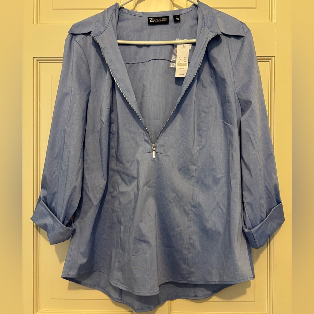 Women's blue long sleeve collared half zip Blouse top shirt travel formal office